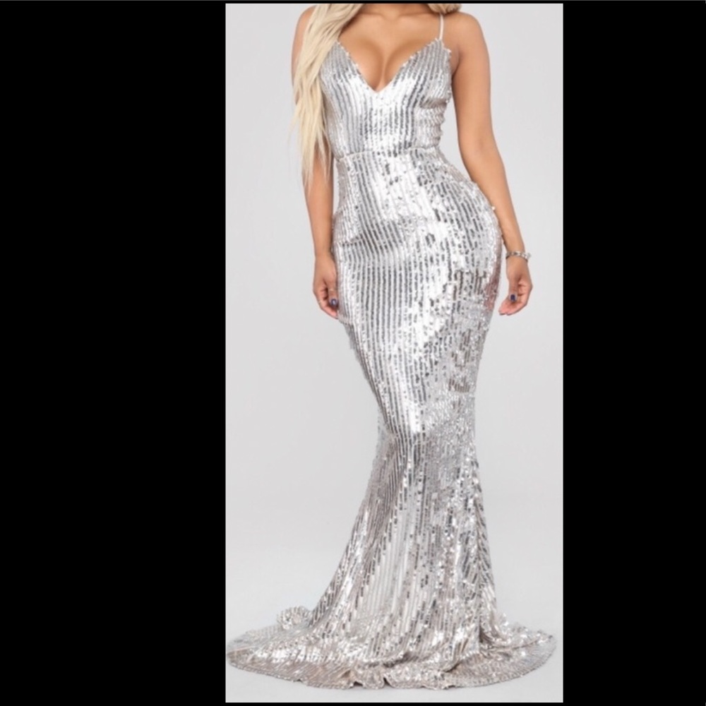 Silver sequin fit and flare trumpet dress